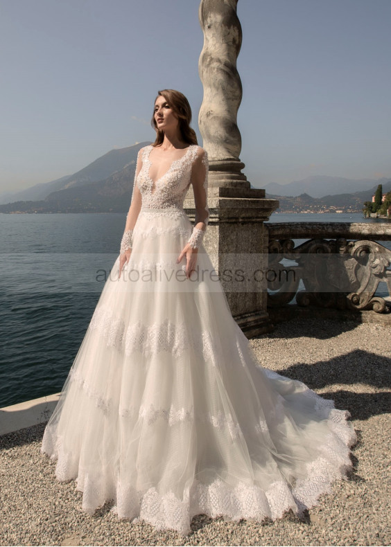 Long Sleeves Ivory Lace Polka Dots Tulle Sweet Wedding Dress Long Sleeves Ivory Lace Polka Dots Tulle Sweet Wedding Dress